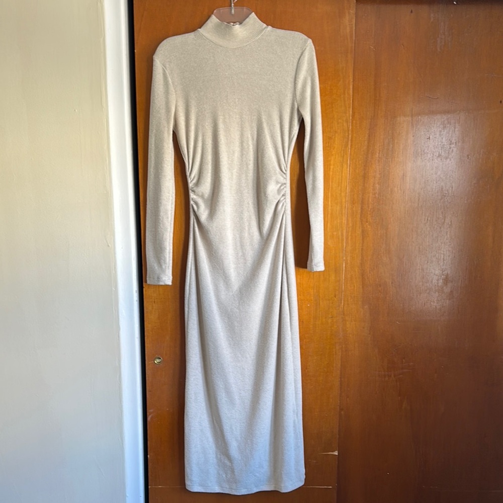 Zara Cream Long Sleeve Mock Neck Sheath Dress